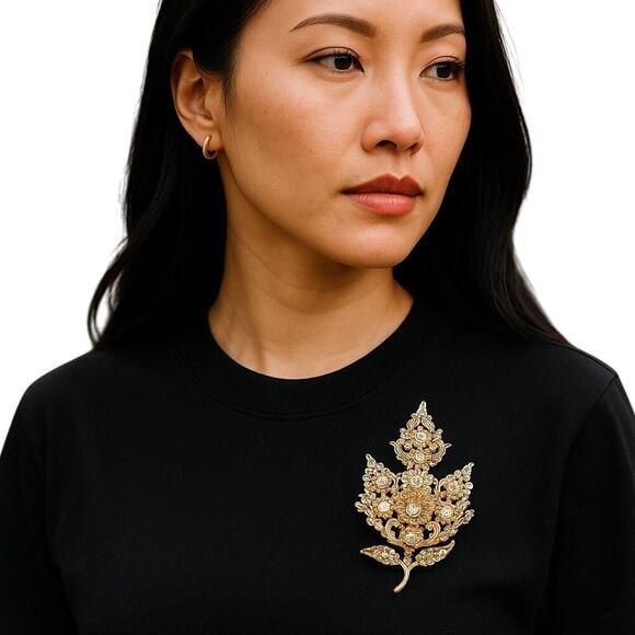 Handmade Gold/Silver Tone Filigree Floral/Leaf Accents Brooch New with Gift Box - Picture 2 of 6